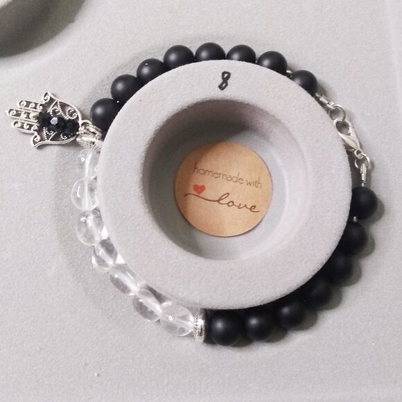 Positivity - Faith - Blessings! Hamsa Hand + Quartz - Black Stone Bracelet - Picture 3 of 7